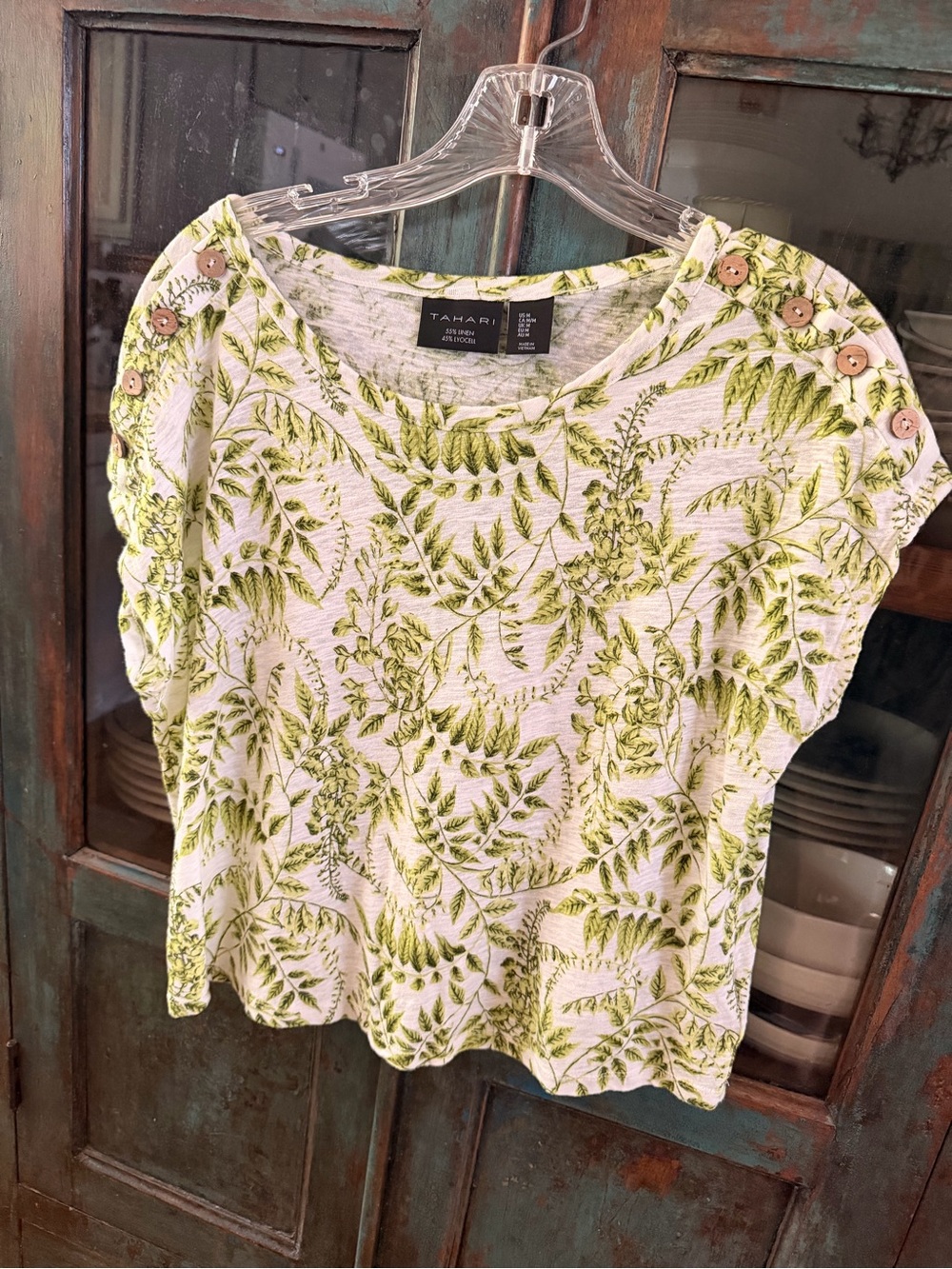 Tahari White Top with Green Botanical Print and Shoulder Buttons